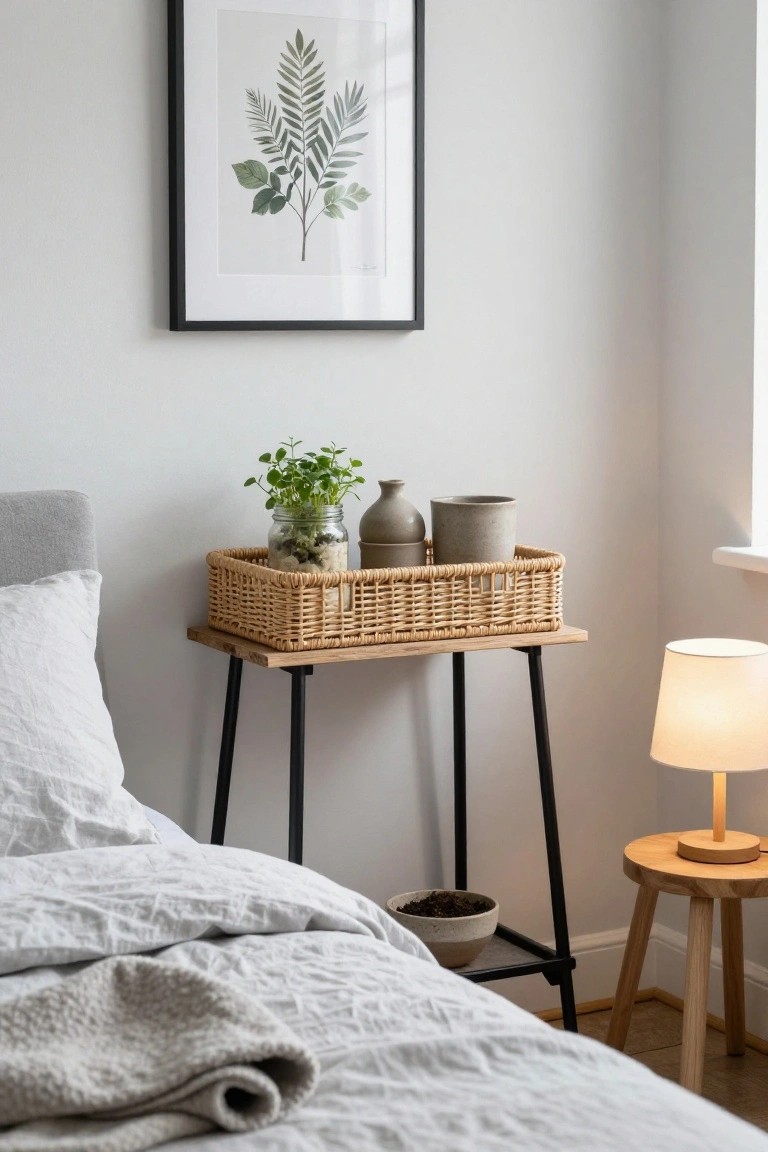 Corner of a light gray bedroom with a gray upholstered bed, wooden nightstand on black metal legs holding a wicker basket with potted herbs and ceramic pots, a stool with lamp nearby, and a framed green leaf print on the wall.
