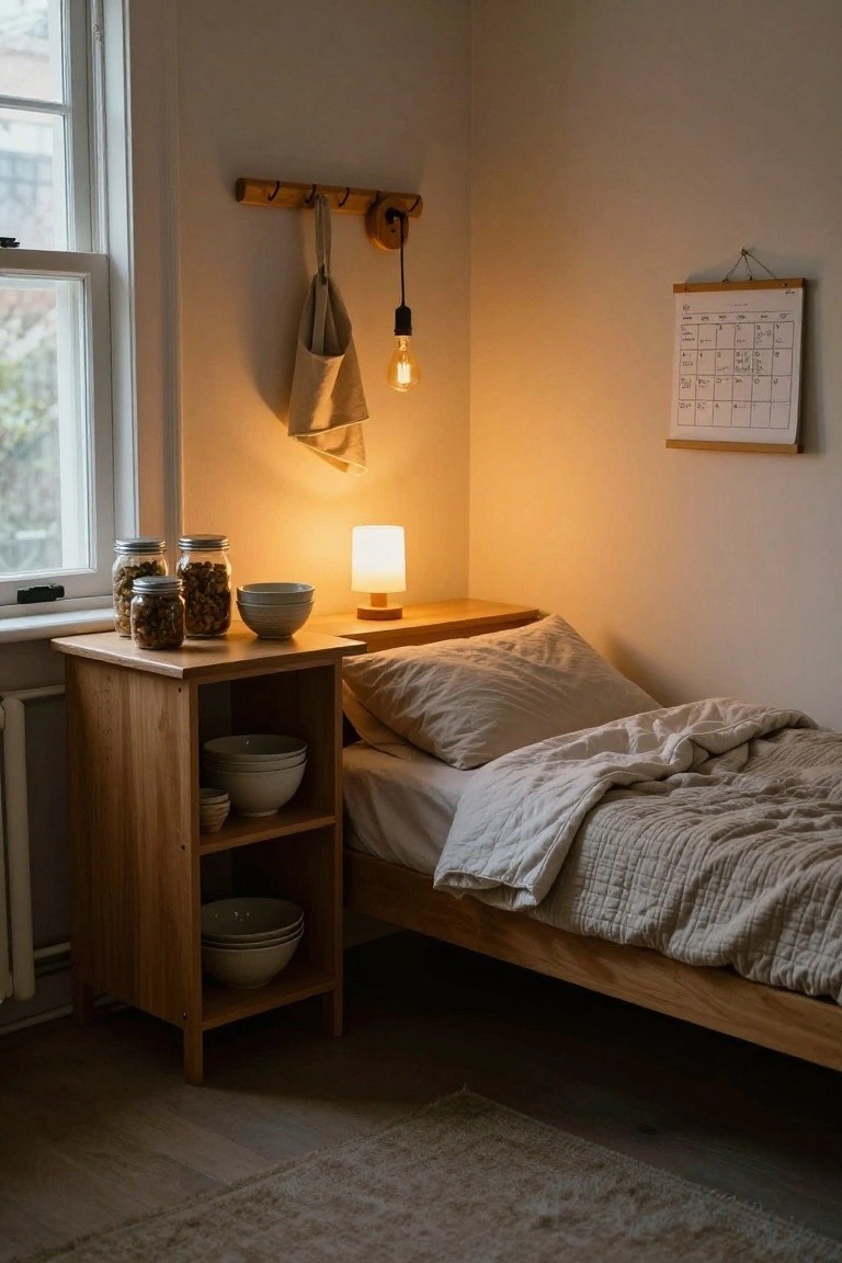 Wooden nightstand with open shelves holding stacked white bowls and jars of nuts next to a bed with rumpled white linens in a warmly lit bedroom corner.
