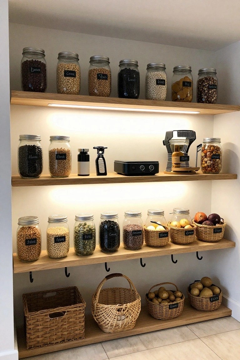 Open wooden pantry shelving with glass jars labeled in chalk containing beans, grains, seeds, and nuts, woven baskets holding potatoes, onions, and apples, and small kitchen gadgets under warm LED lighting.