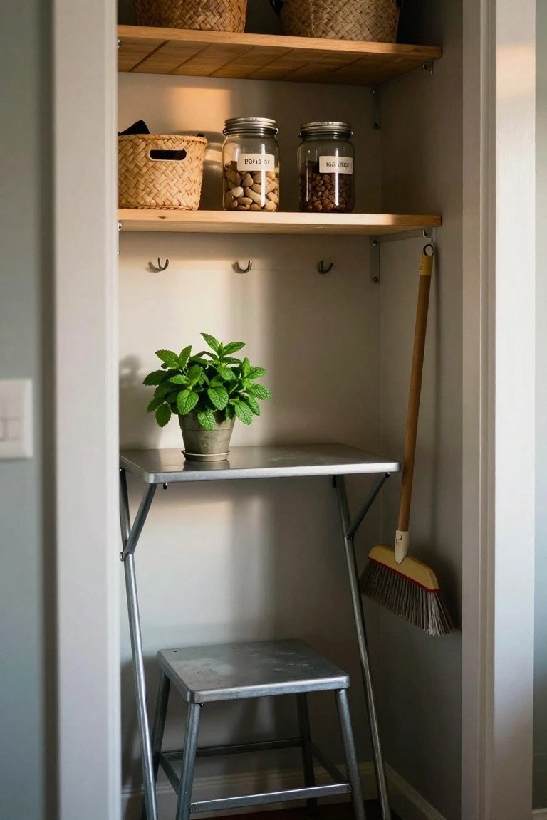 Open closet with wooden shelves holding woven baskets and glass jars labeled with dry goods like beans and nuts, a potted mint plant on a small metal table beside a matching metal stool, and a broom leaning in the corner.