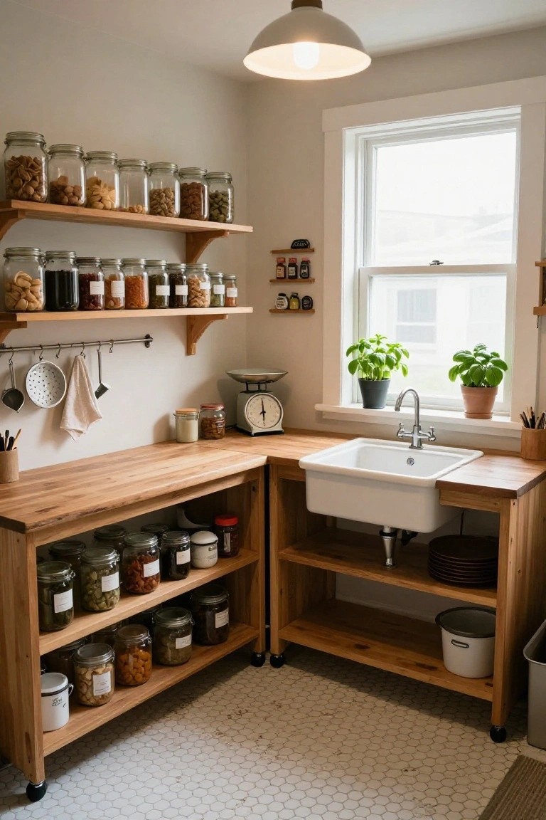 Kitchen corner featuring wooden L-shaped countertop with white farmhouse sink, open oak shelving stocked with glass jars of nuts, beans, and spices, hanging utensils, scale, and potted basil plants by the window.