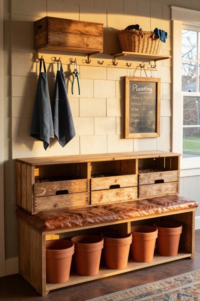 Wooden crate furniture forming a bench with storage cubbies and terracotta planters below, leather cushion on top, hooks and baskets on wall shelf above chalkboard in light interior room.