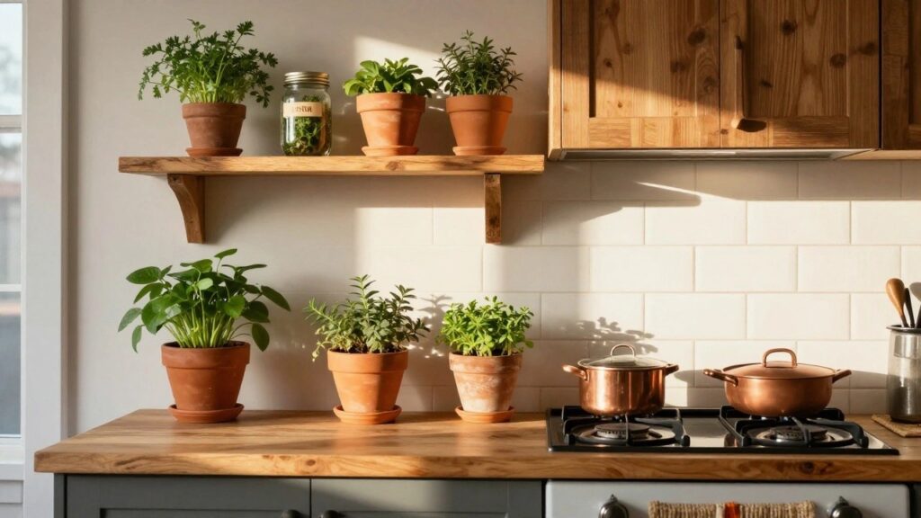 24 Cozy Apartment Homesteading Ideas That Actually Feel Doable Kitchen interior with wooden floating shelf holding potted herbs, fern, and mason jar labeled basil, magnetic strip with knives and copper ladle hanging below, wooden countertop, gas stove, and small plants on windowsills.