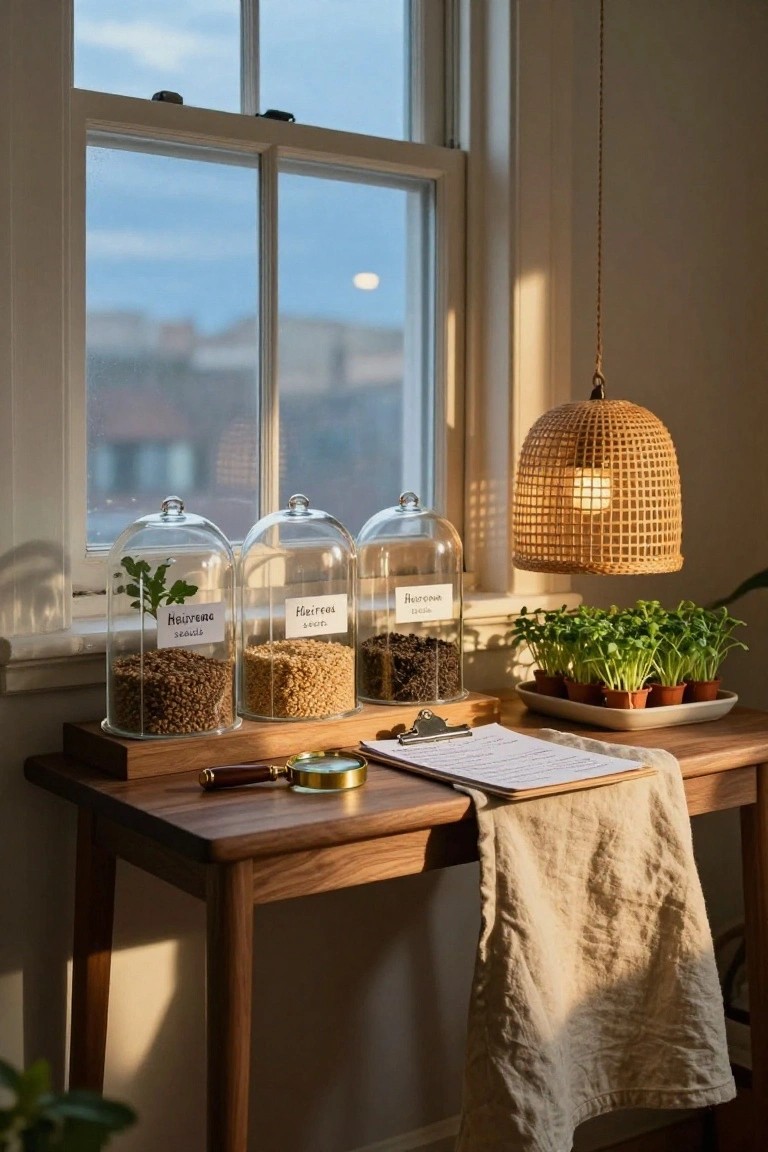 Wooden console table by a window holding three glass cloches filled with grains and a small plant, labeled in handwriting, alongside small potted herbs, a magnifying glass, clipboard, and linen cloth.