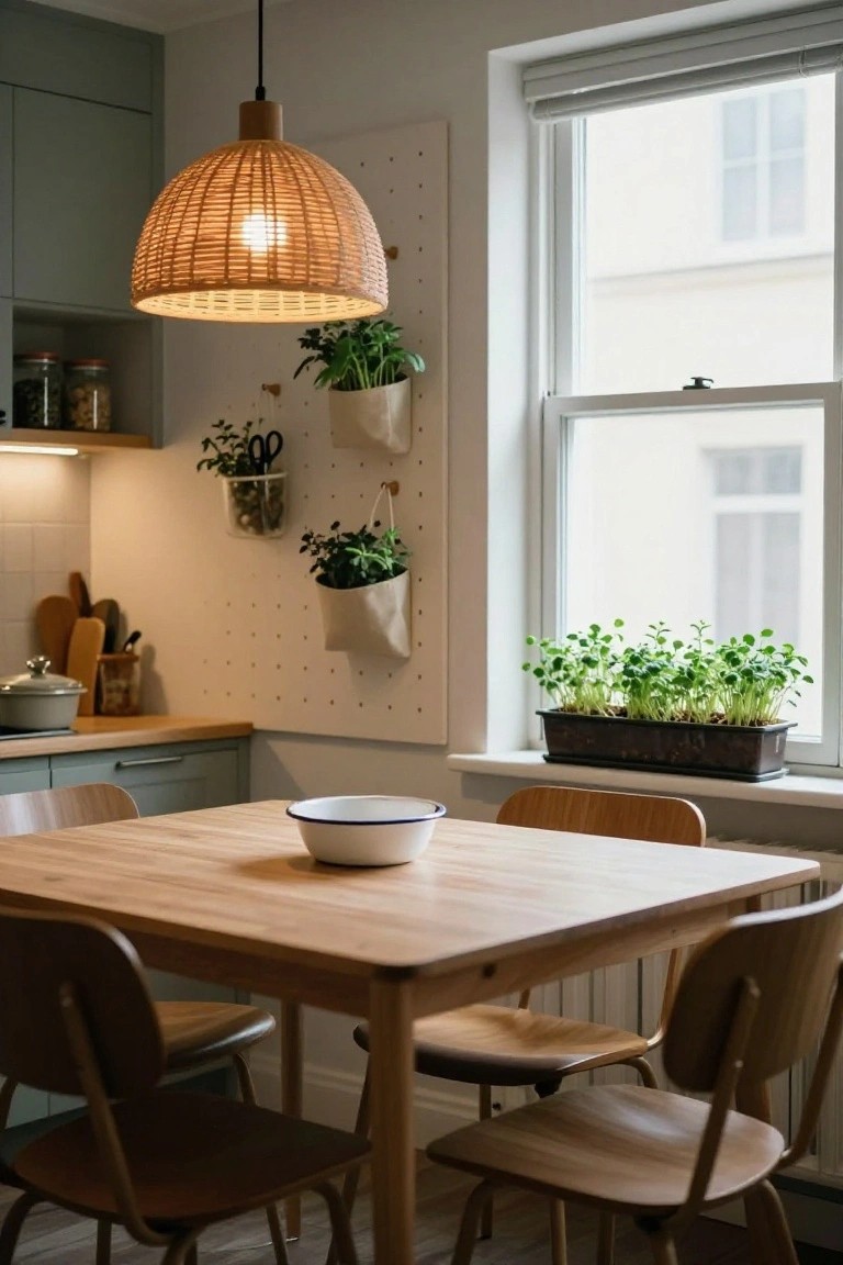 A light-filled apartment kitchen with sage green cabinets, a wooden dining table and chairs, wall-mounted fabric plant pockets holding greenery, a windowsill tray of young herb sprouts, and a rattan pendant light overhead.