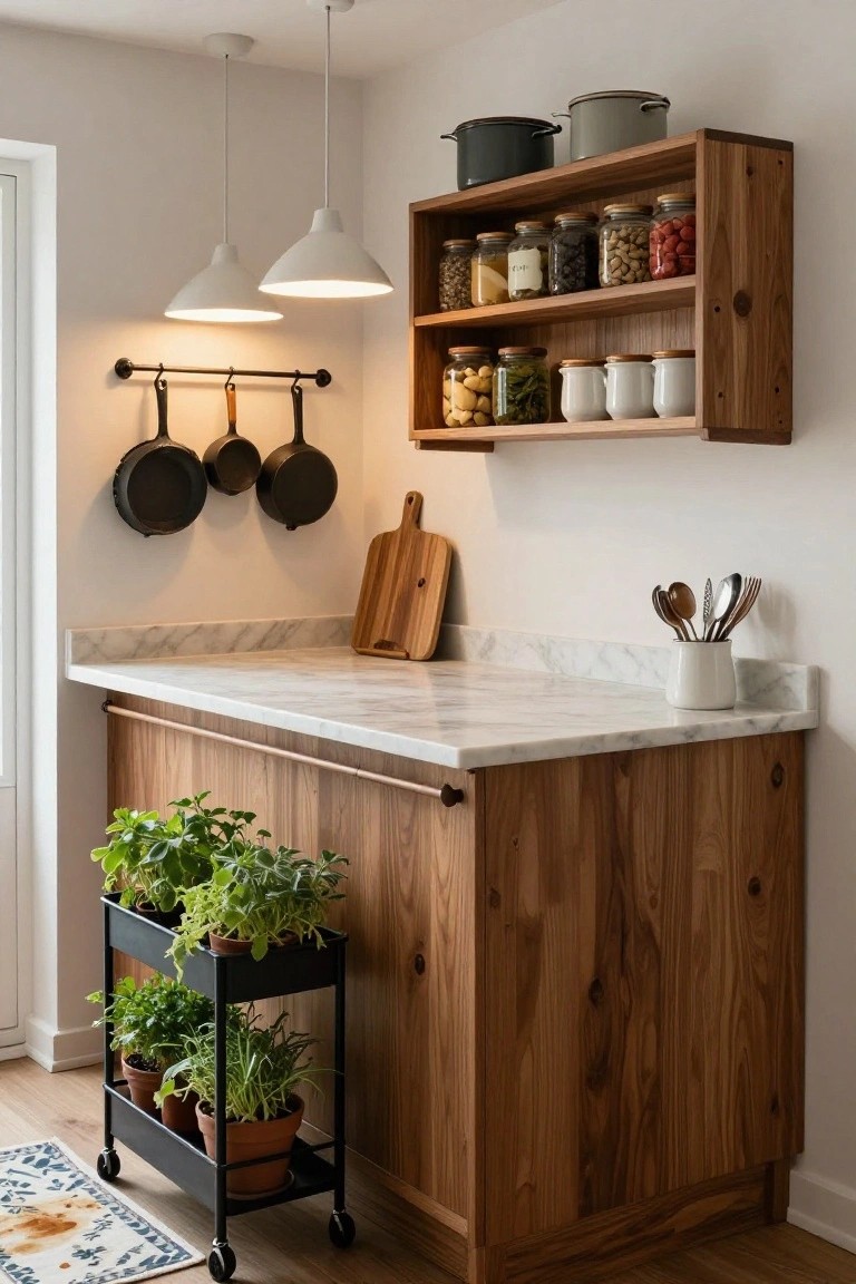 Wooden kitchen lower cabinet with white marble countertop, open wall shelves stocked with jars and pots above, hanging black pans on a rail, utensils in a white pot, wooden cutting board, and black metal rolling cart with multiple potted green herbs beside it.