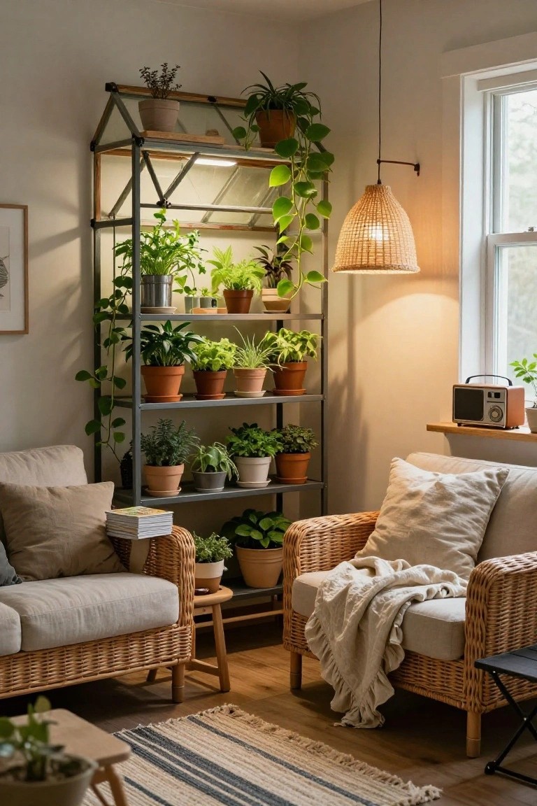 Tall metal and glass shelving unit filled with potted plants and grow lights in a cozy living room corner next to wicker armchairs, a pendant lamp, and a small table.