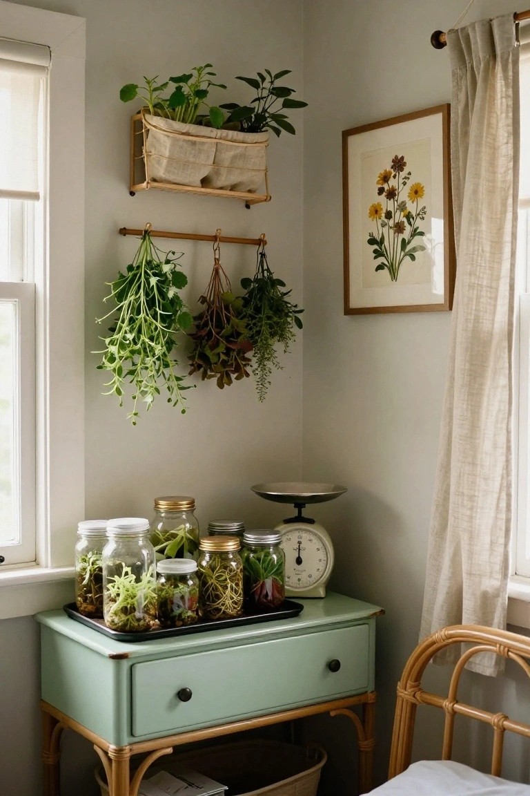 Corner of a room with a mint green dresser holding glass jars of plants and succulents on a black tray, hanging herbs from wooden rods above, a scale on the dresser, plants on wall shelves, and a framed botanical print nearby.
