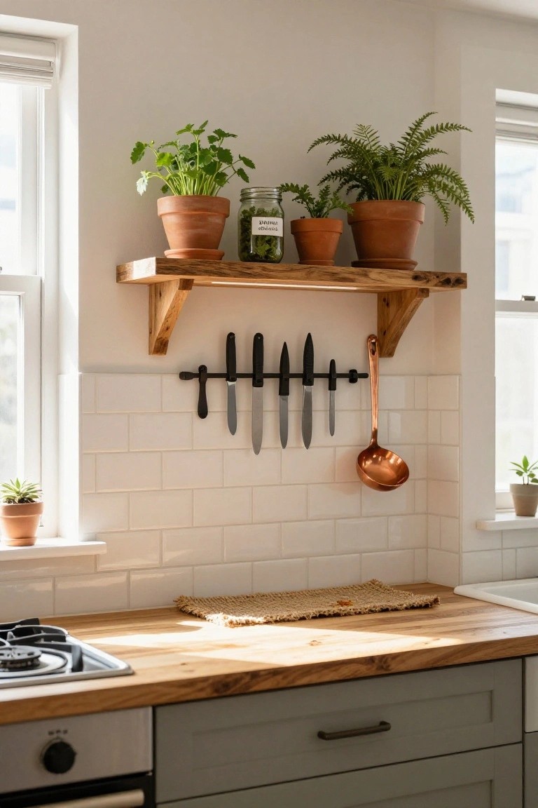Kitchen interior with wooden floating shelf holding potted herbs, fern, and mason jar labeled basil, magnetic strip with knives and copper ladle hanging below, wooden countertop, gas stove, and small plants on windowsills.