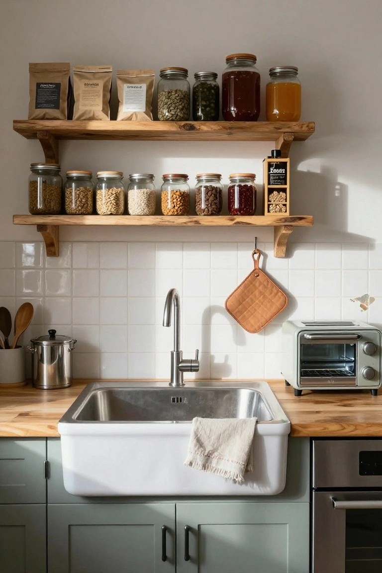 Kitchen interior with two wooden open shelves holding glass jars of grains, beans, seeds, and spices, above a white farmhouse sink on a wooden countertop with teal cabinets below.