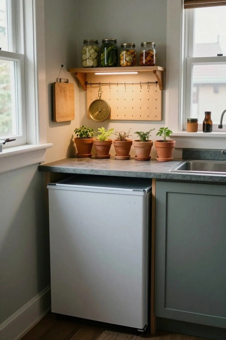 Corner of a kitchen with open wooden shelving holding jars of preserved vegetables and fruits, potted herb plants on the gray countertop near a stainless steel sink, an under-counter white refrigerator, and green cabinets.