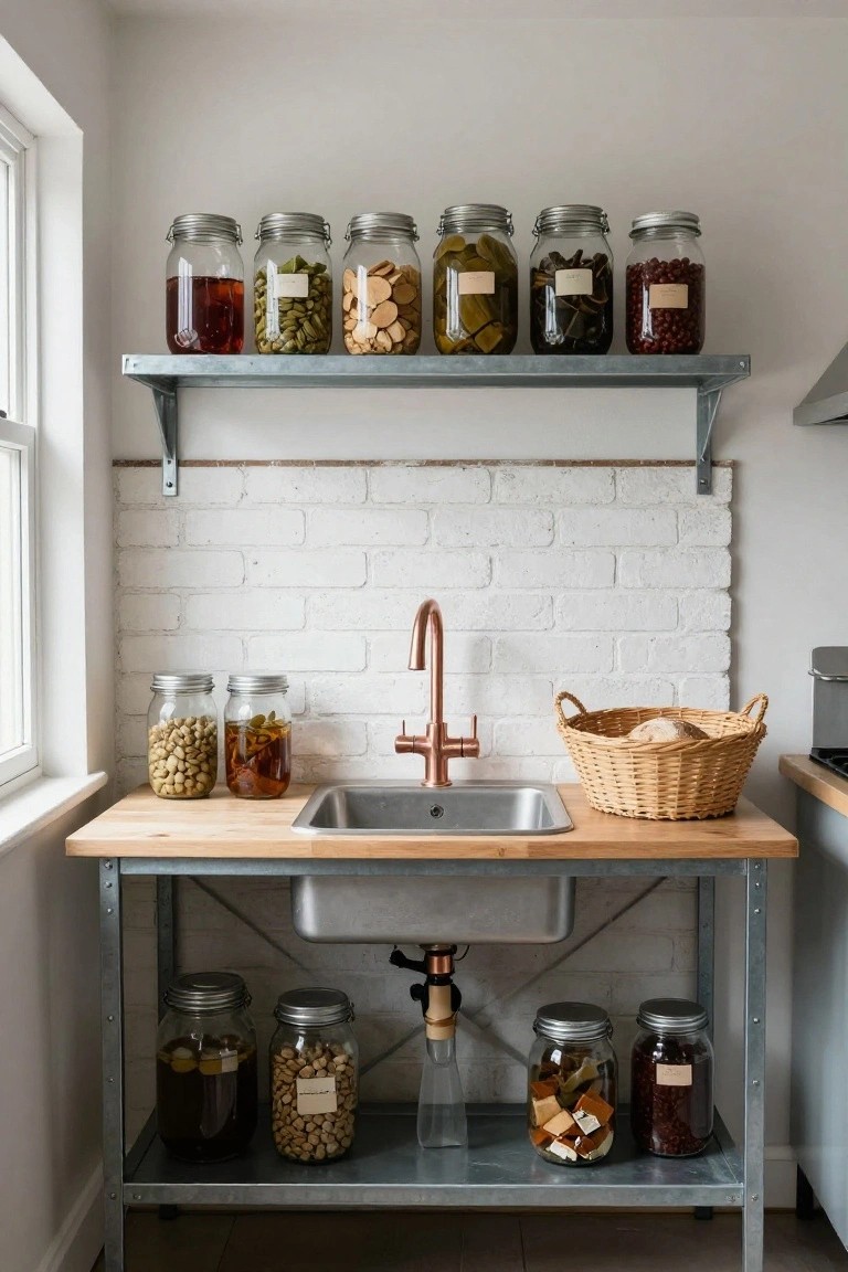 Kitchen workspace with gray metal open shelves above and below a wooden countertop sink, holding labeled glass jars of foods like beans, nuts, pickles, and dried items, copper faucet, white brick backsplash, and wicker basket with bread on the counter.