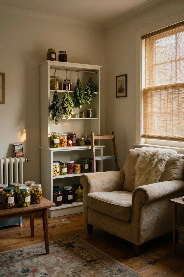White open shelving unit in a cozy room interior filled with glass jars of olives, peppers, and other preserves, dried herb bundles hanging from wooden rods, next to a beige armchair with sheepskin throw, wooden side table, and ladder.