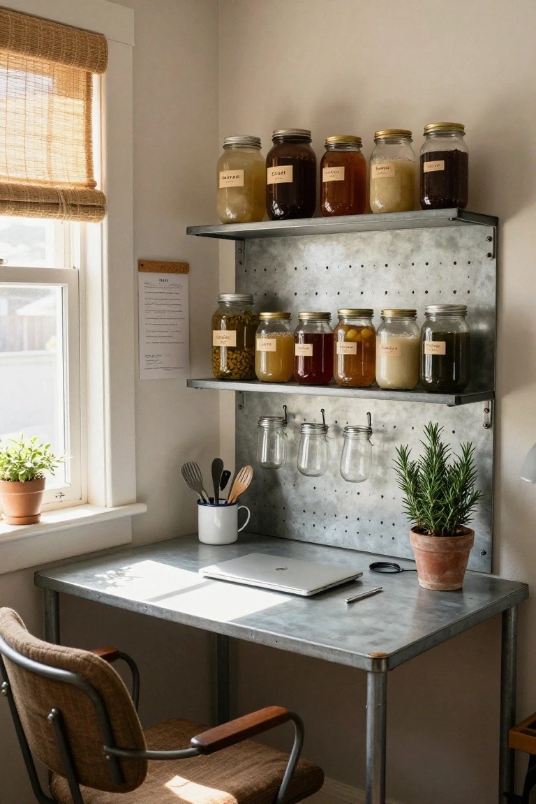 Indoor corner workspace with a metal desk holding a laptop, a tall galvanized pegboard wall with shelves of labeled glass jars containing pantry staples, hanging utensils and glasses, potted plants, and a window with bamboo shades.