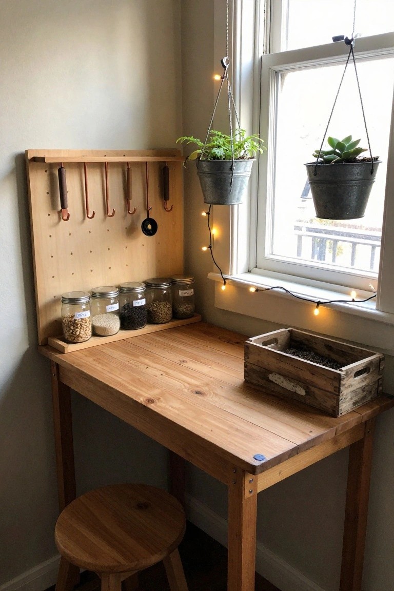 Wooden pegboard wall with hooks holding utensils above glass jars of grains and seeds on a shelf, beside a wooden desk, crate of soil, stool, and hanging plants in a beige corner room near a window.