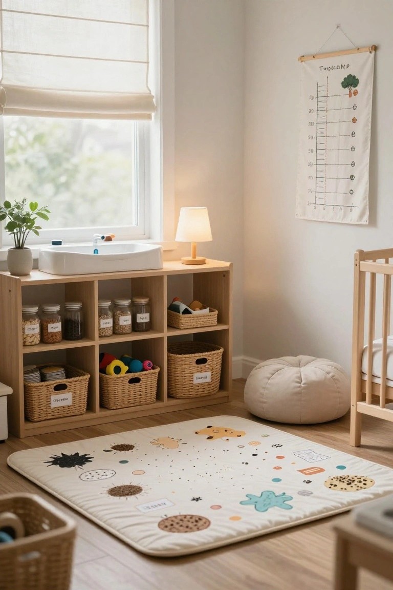 Bright nursery interior with wooden open shelving stocked with labeled glass jars of dry goods and beans, wicker baskets of toys, a cushioned play mat on the floor, crib, sink, potted plant, lamp, and fabric growth chart on the wall.