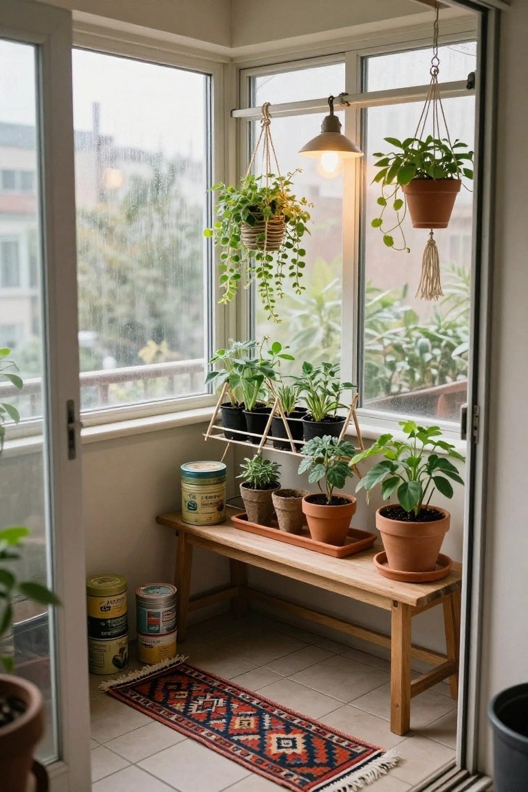 Apartment balcony corner with open sliding glass doors, wooden bench on tiled floor with colorful rug, tiered plant stand holding multiple potted green plants, hanging planters overhead, and metal food tins used as planters nearby, rainy urban view outside.