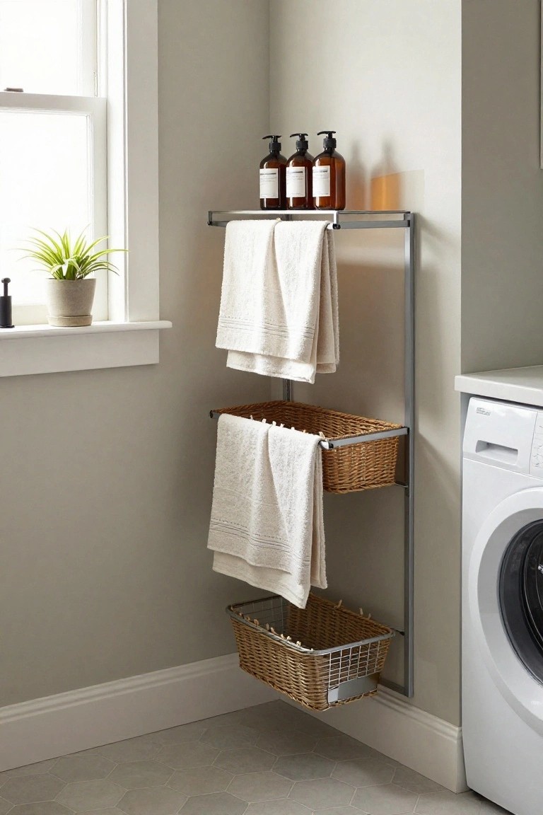 Tall gray metal wall-mounted rack in a light gray bathroom corner with white towels draped over bars, wicker baskets in shelves, soap bottles on top shelf, potted plant by window, and white washer nearby on hexagonal tile floor.