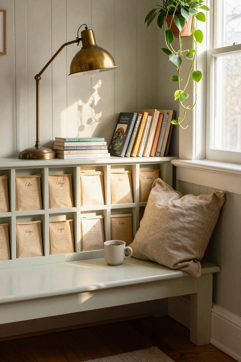 Light green wooden bench seat with open cubbies below filled with labeled brown paper bags, positioned by a window with hanging plant, brass desk lamp, stacked books, beige pillow, and white mug nearby.