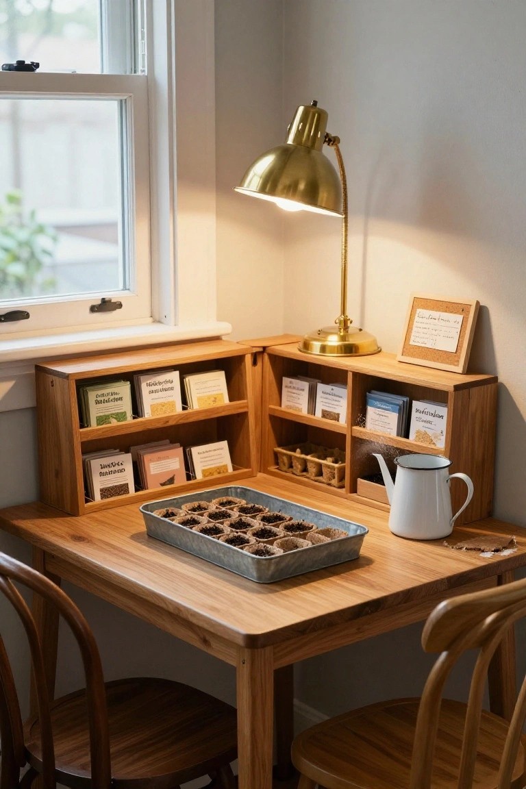 Wooden corner shelves stocked with books, tea packets, and small seedling trays next to a wooden table holding a metal tray of potted seedlings, brass lamp, white kettle, and two wooden chairs in a light-filled room with a window.