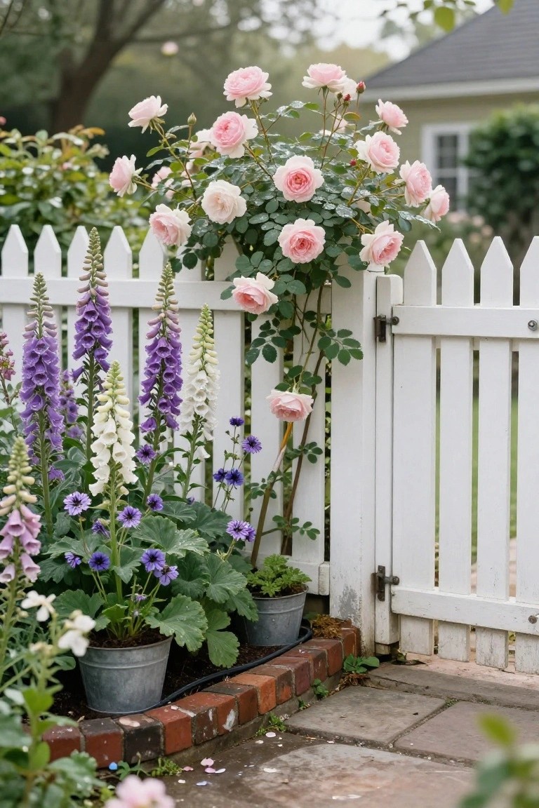 White picket fence garden gate covered in clusters of pink climbing roses, with purple foxgloves, white foxgloves, and potted plants along the border next to brick edging and stone pavers.
