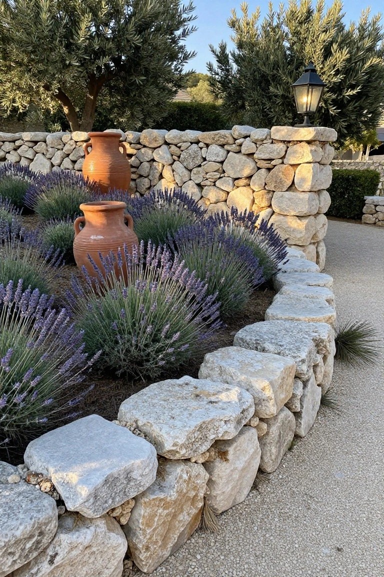 Curved dry-stacked light-colored stone wall bordering a garden bed with lavender plants and large terracotta pots, olive trees in background, and a black metal lantern on a stone post.