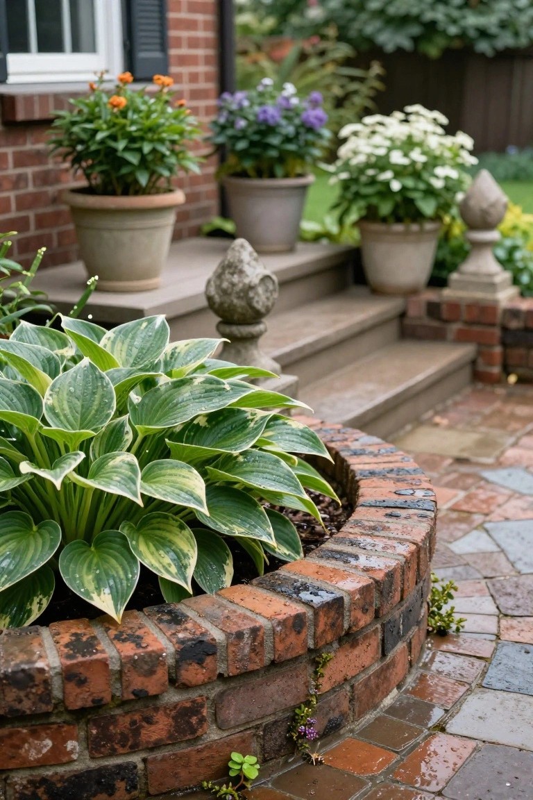 Curved low brick wall border filled with lush variegated hosta plants next to wooden steps, with potted flowers and garden ornaments nearby.