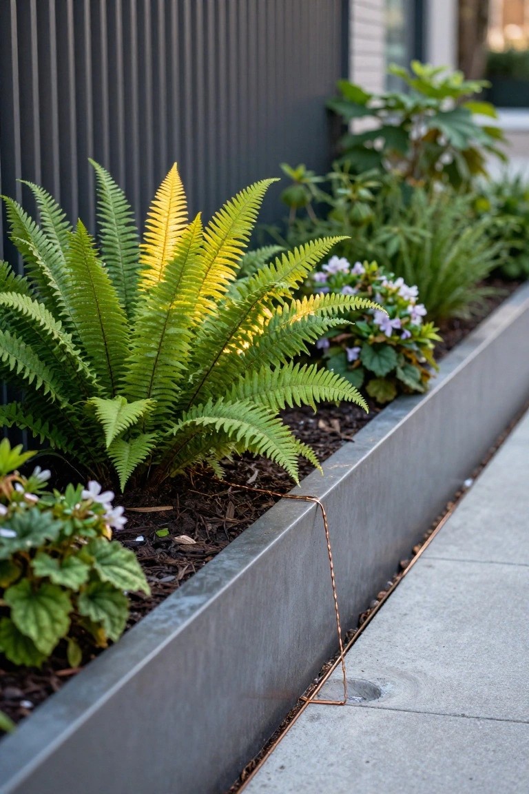 Dark metal raised planter bed along a concrete path, filled with green ferns, purple flowering plants, and dark mulch, next to a corrugated black metal fence.