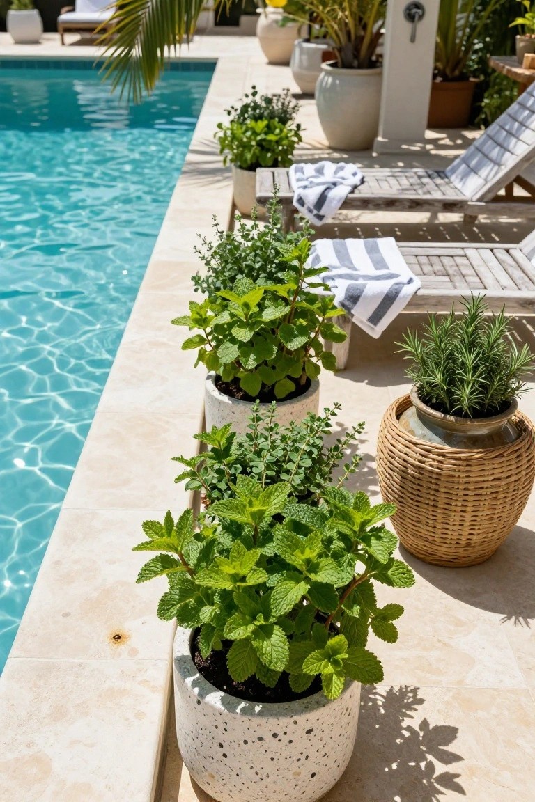 Potted herbs including mint, rosemary, and basil lined up along the edge of a turquoise pool, with lounge chairs draped in towels and tropical plants in the background.