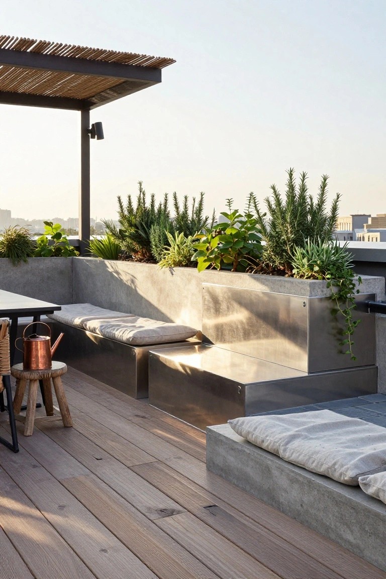 Rooftop terrace featuring concrete benches with integrated tiered planters containing herbs and succulents, wooden decking, a copper watering can on a stool, and a thatched pergola structure overhead.