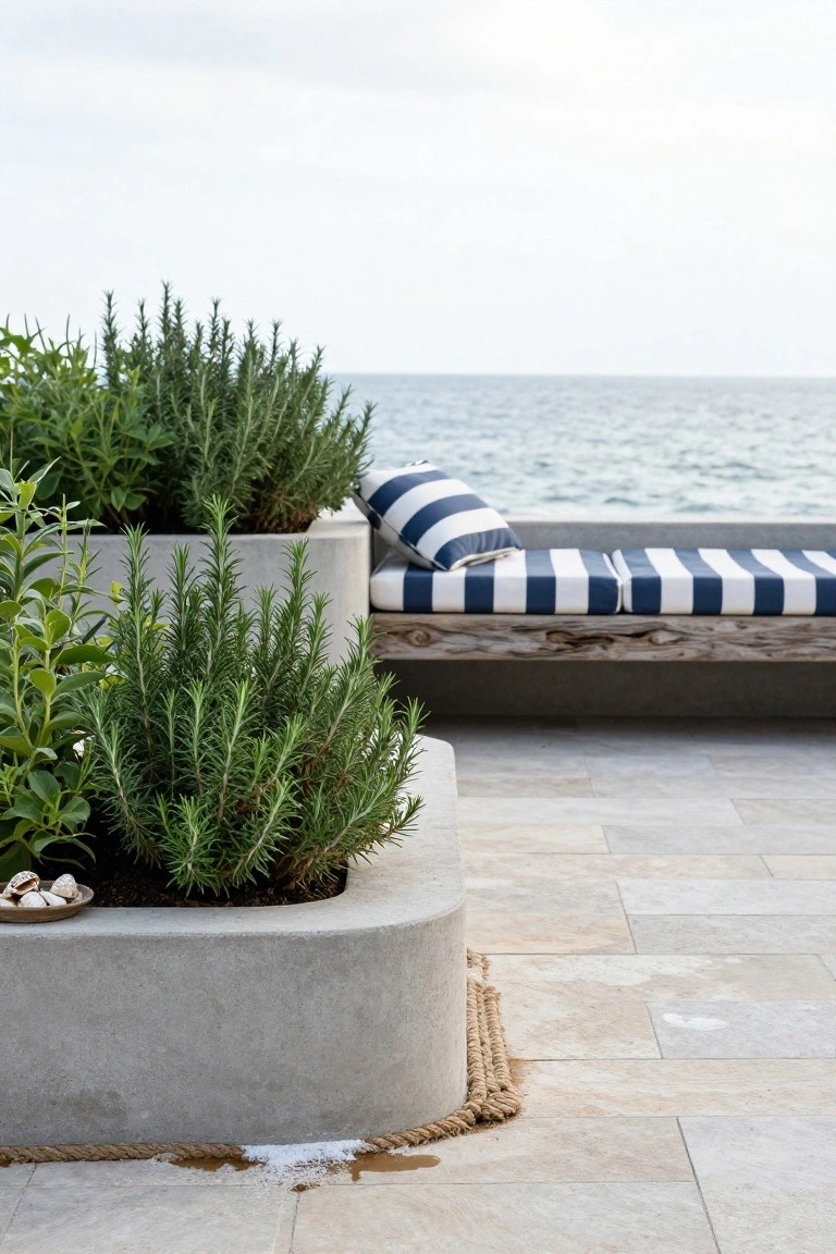 Gray concrete tiered planters with rosemary and other green herbs positioned next to a wooden bench topped with blue and white striped cushions on a beige tiled terrace overlooking the ocean.