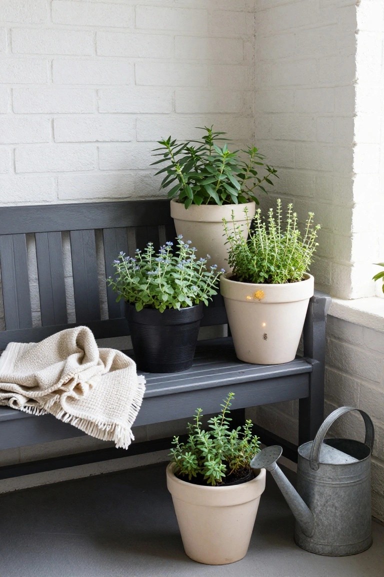 Outdoor corner with dark wooden bench draped in a light blanket, holding black and terracotta pots of herbs, surrounded by additional herb pots on the floor and a metal watering can, against white brick walls.