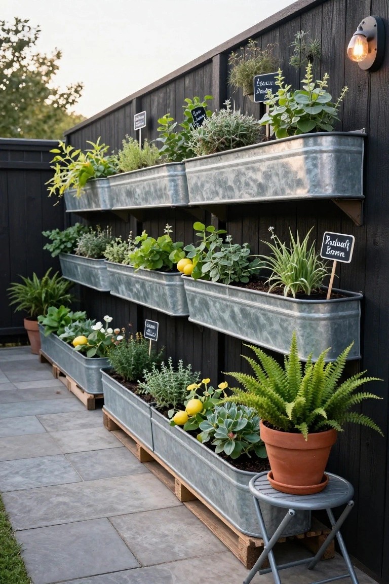 Tiered galvanized metal trough planters mounted on a black wooden fence, filled with herbs, lemon plants, ferns, and other greenery, beside a paved patio with potted plants and a small metal stool.