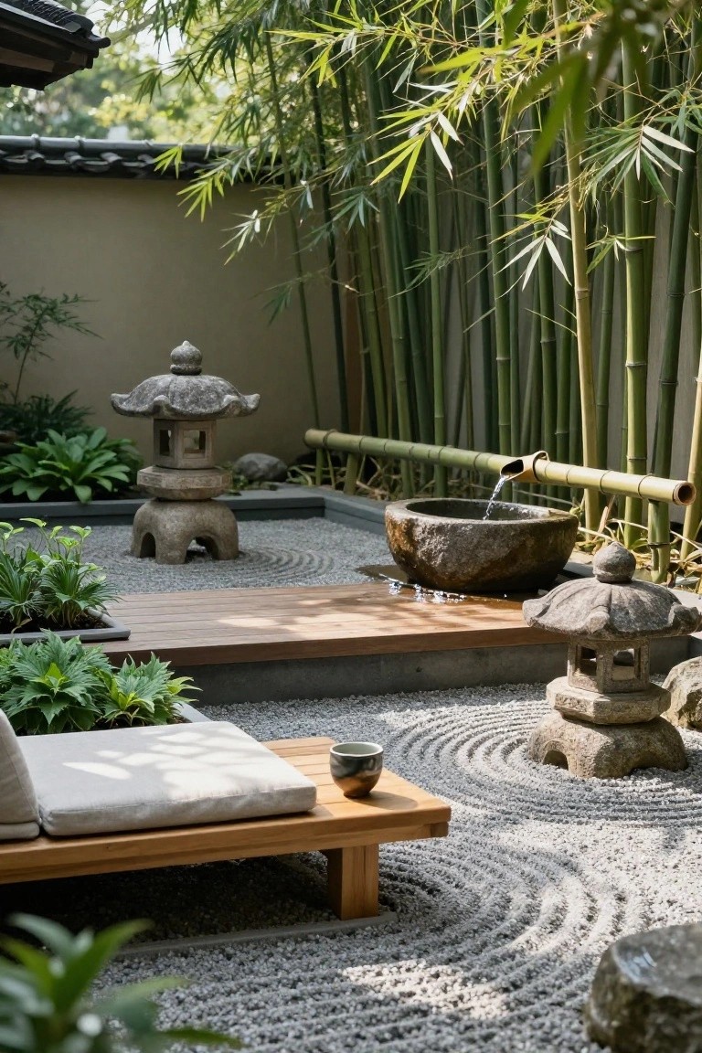 Japanese zen garden featuring raked gray gravel with circular patterns, multiple stone pagoda lanterns, a bamboo water spout pouring into a large stone basin, bamboo fencing, green plants in pots, and a wooden platform with cushioned bench and teacup.