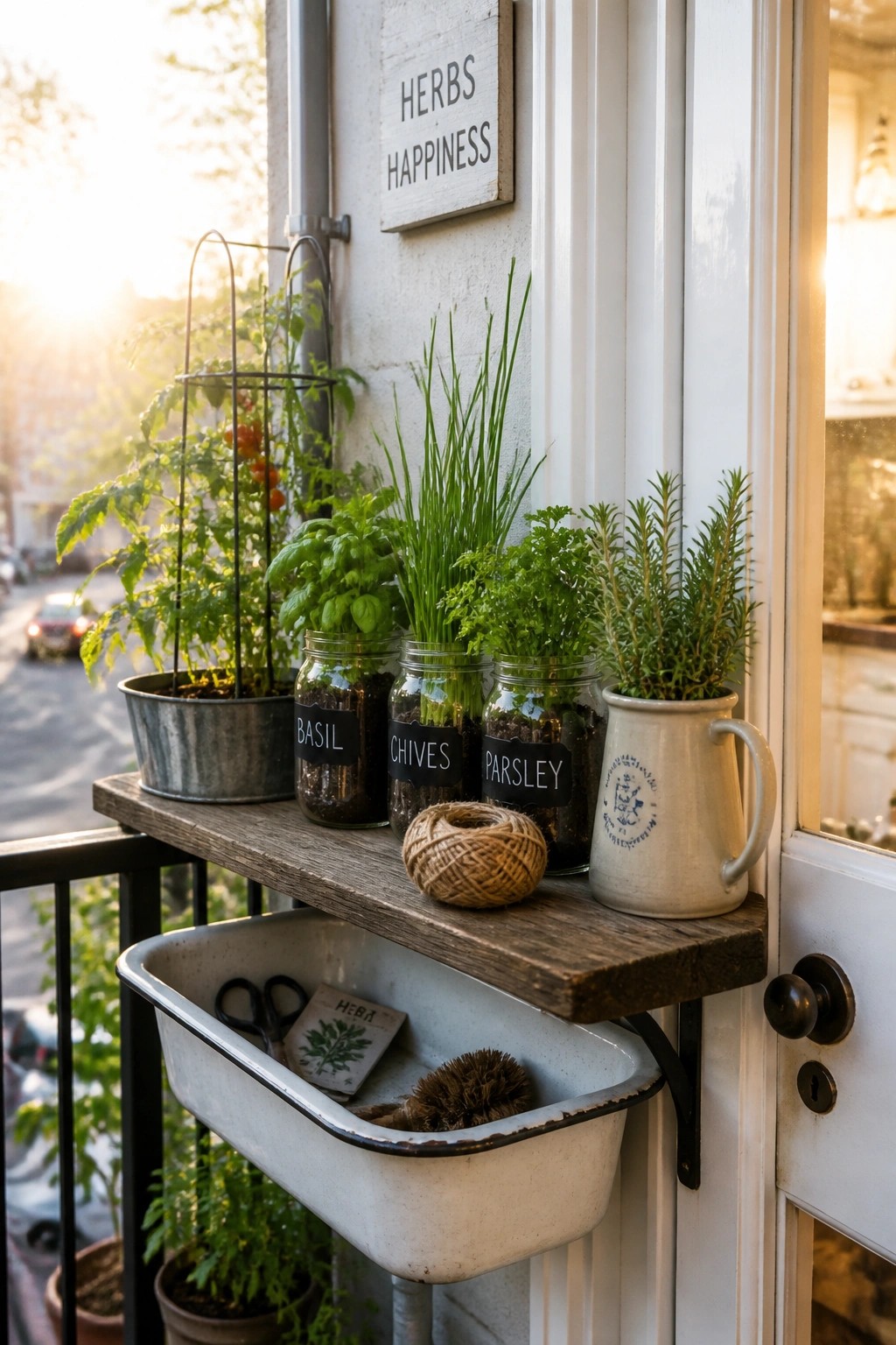 A wooden shelf mounted on a white exterior wall holds glass jars labeled basil, chives, and parsley along with other herb plants in metal and ceramic containers, with an old enamel sink mounted below.