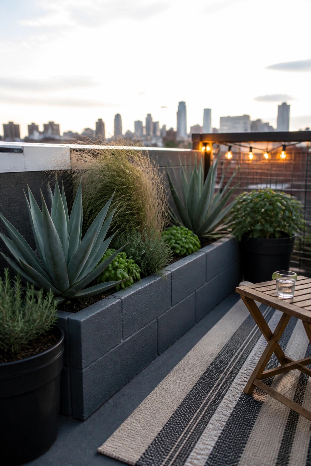 Rooftop deck with concrete planters of succulents, wooden table, striped rug, city skyline.