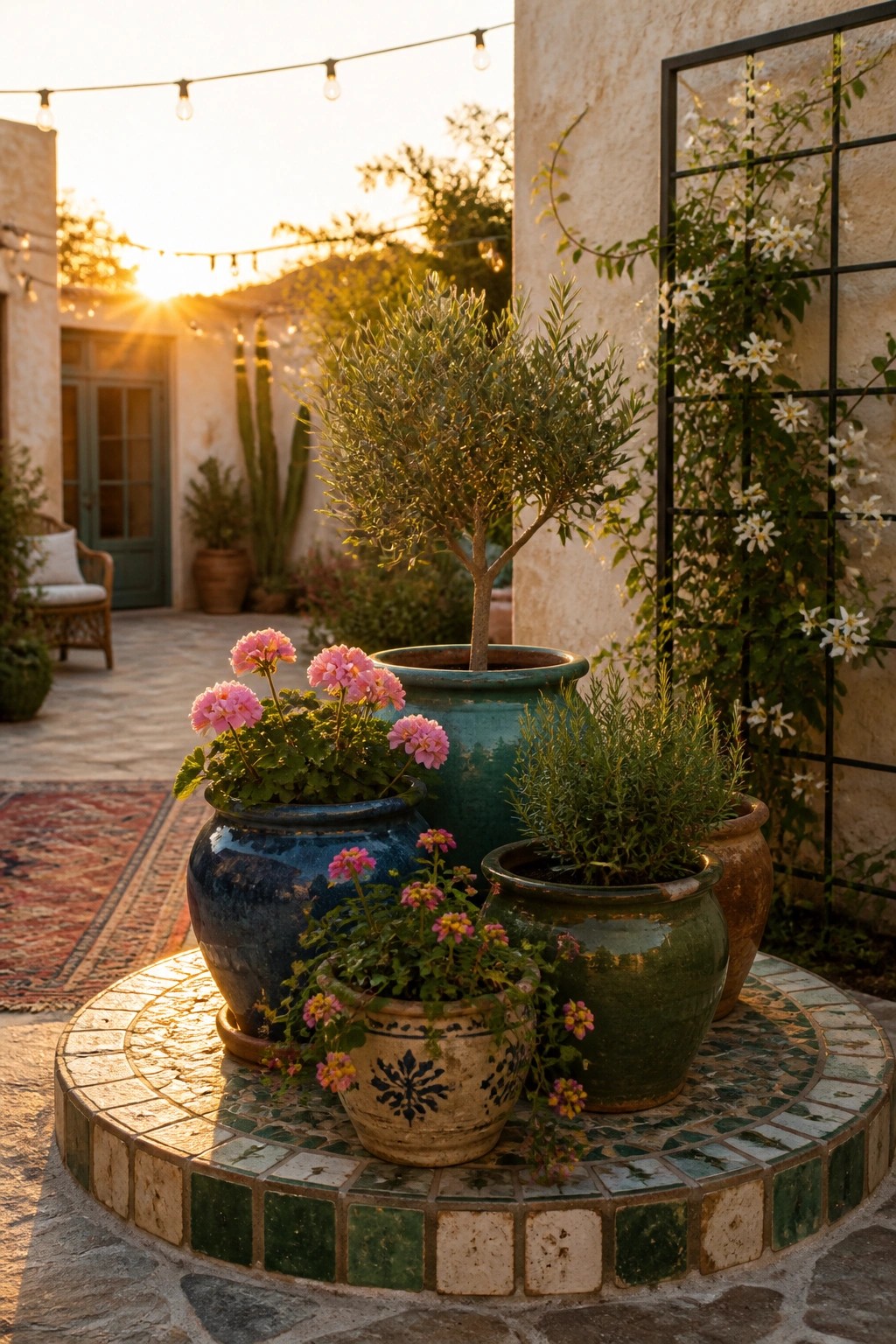 Several ceramic pots of varying sizes and colors hold flowering plants and shrubs arranged on a round mosaic-tiled platform in an outdoor courtyard.