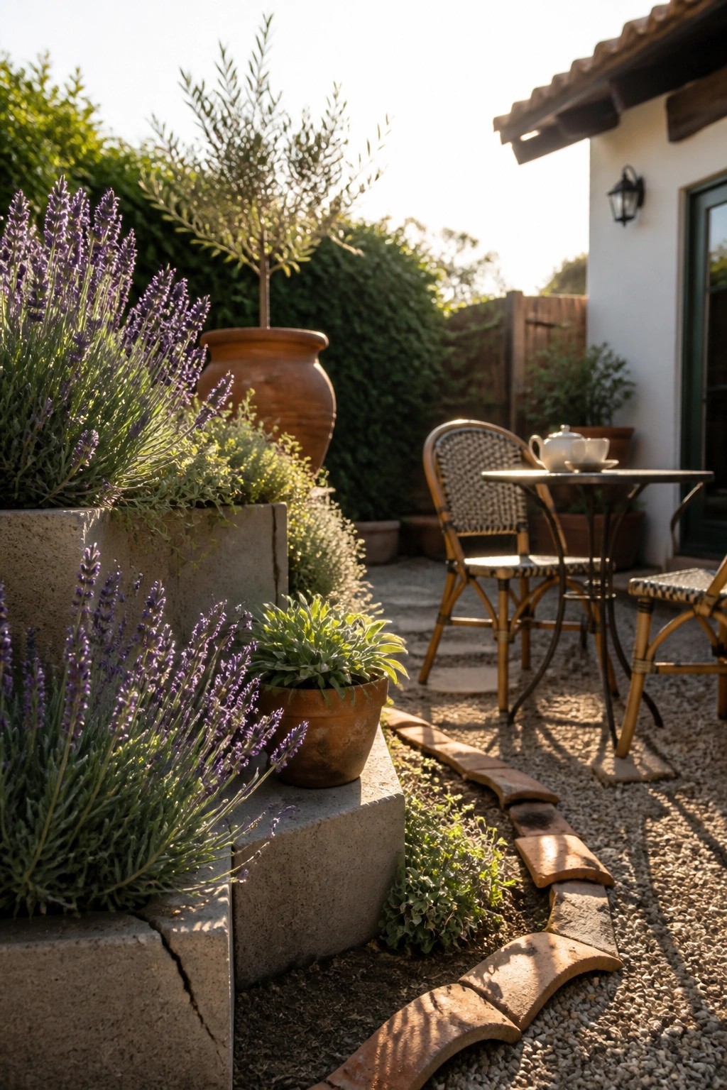 A garden corner showing lavender and other plants in terracotta and concrete containers arranged on stepped concrete ledges next to a gravel path edged with bricks.