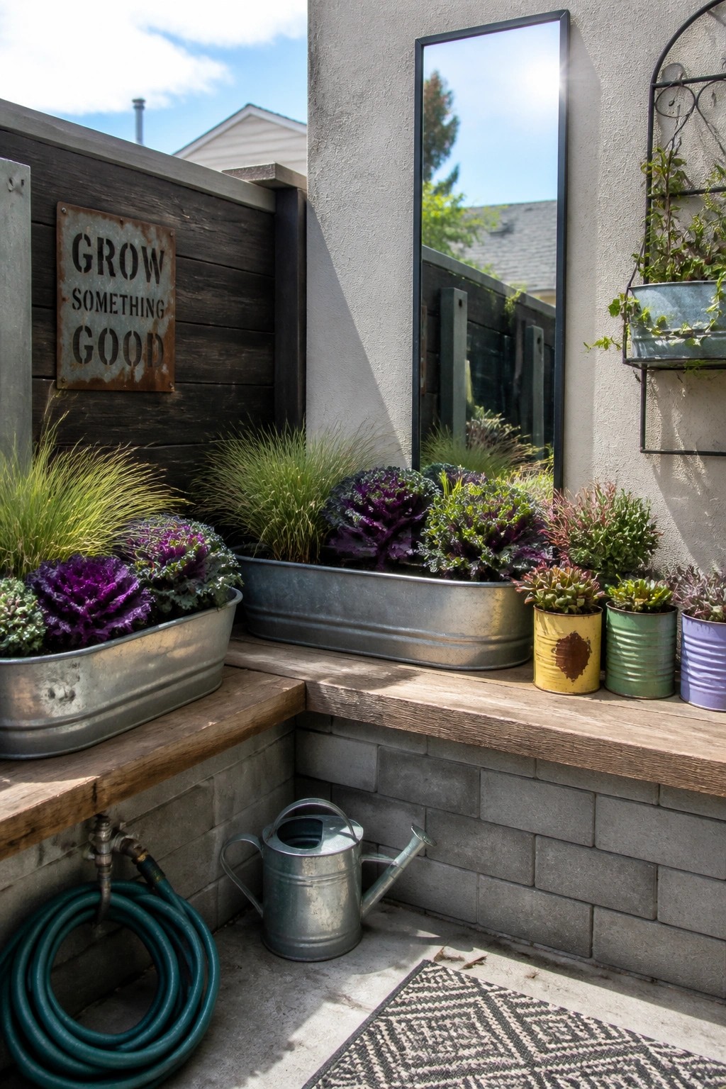A corner patio with wooden benches holding several metal and painted containers filled with plants, a tall mirror on the wall, and a metal watering can on the ground.