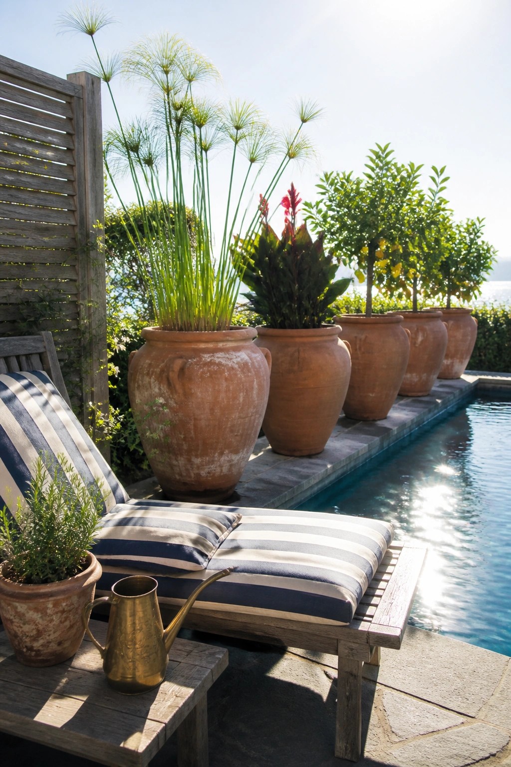 A poolside scene shows a wooden lounge chair with striped cushions beside a small table holding a potted herb and brass watering can, with a row of large terracotta pots containing tall and leafy plants along the pool edge.