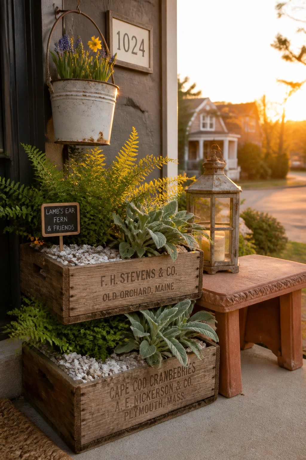 Rustic wooden crates with ferns beside a lantern on a porch at sunset