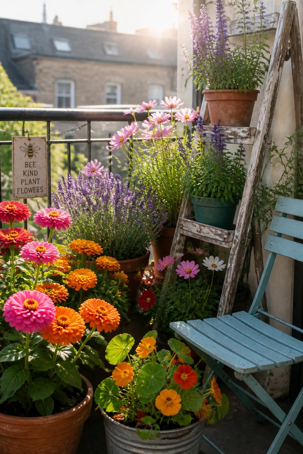 A sunny balcony with many colorful flowers in pots arranged on the floor and on the rungs of a wooden ladder, next to a light blue folding chair.