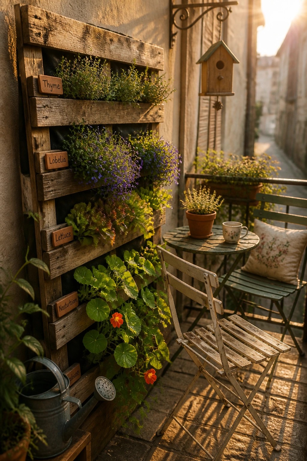A wooden pallet mounted on an exterior wall holds rows of herbs and flowers with small labels, next to a round table and folding chairs on a stone patio.