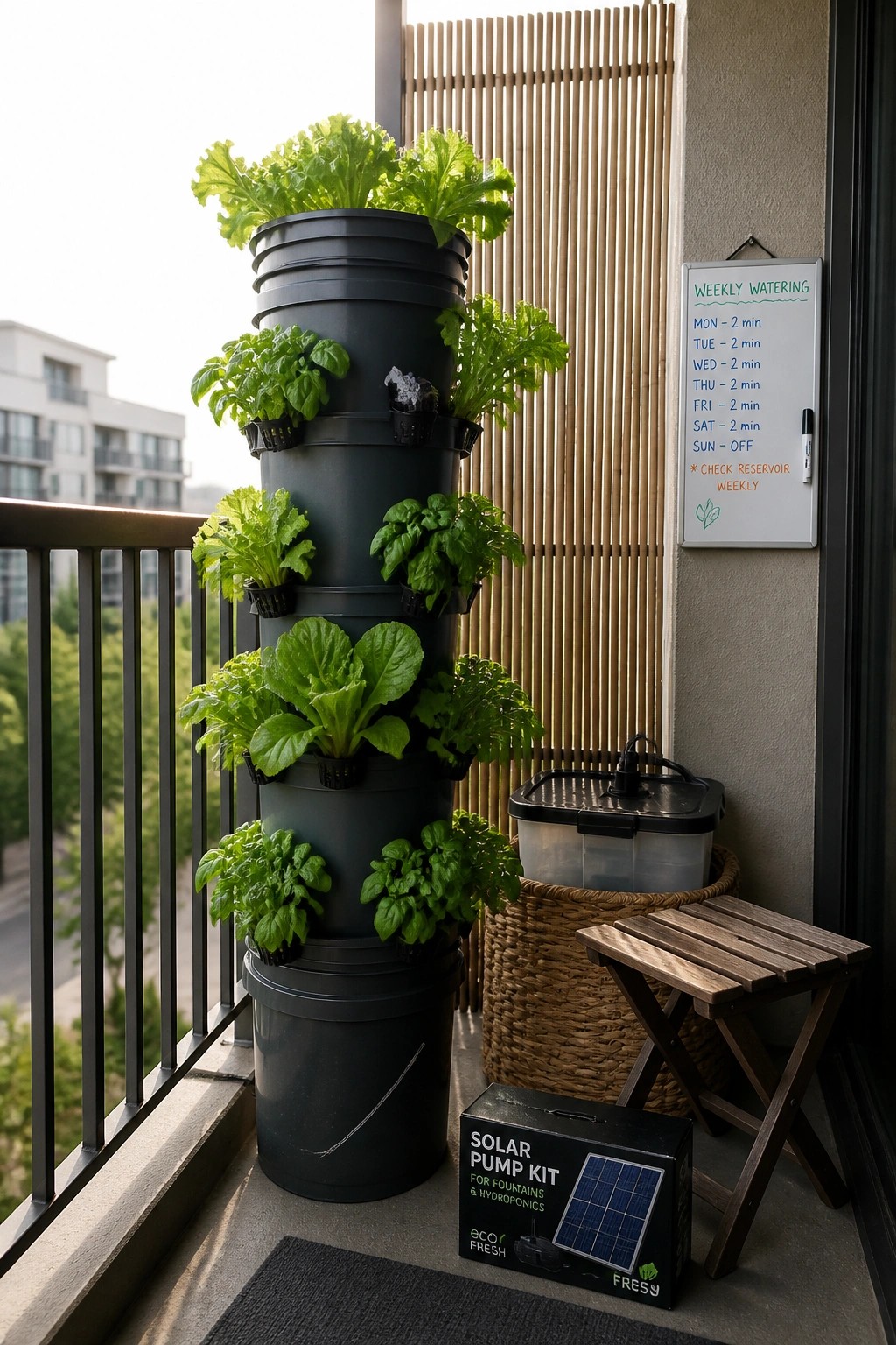 A balcony shows a tall vertical garden tower made from stacked black buckets with leafy green plants growing from the sides, next to a wooden stool, woven basket, and a solar pump kit box.