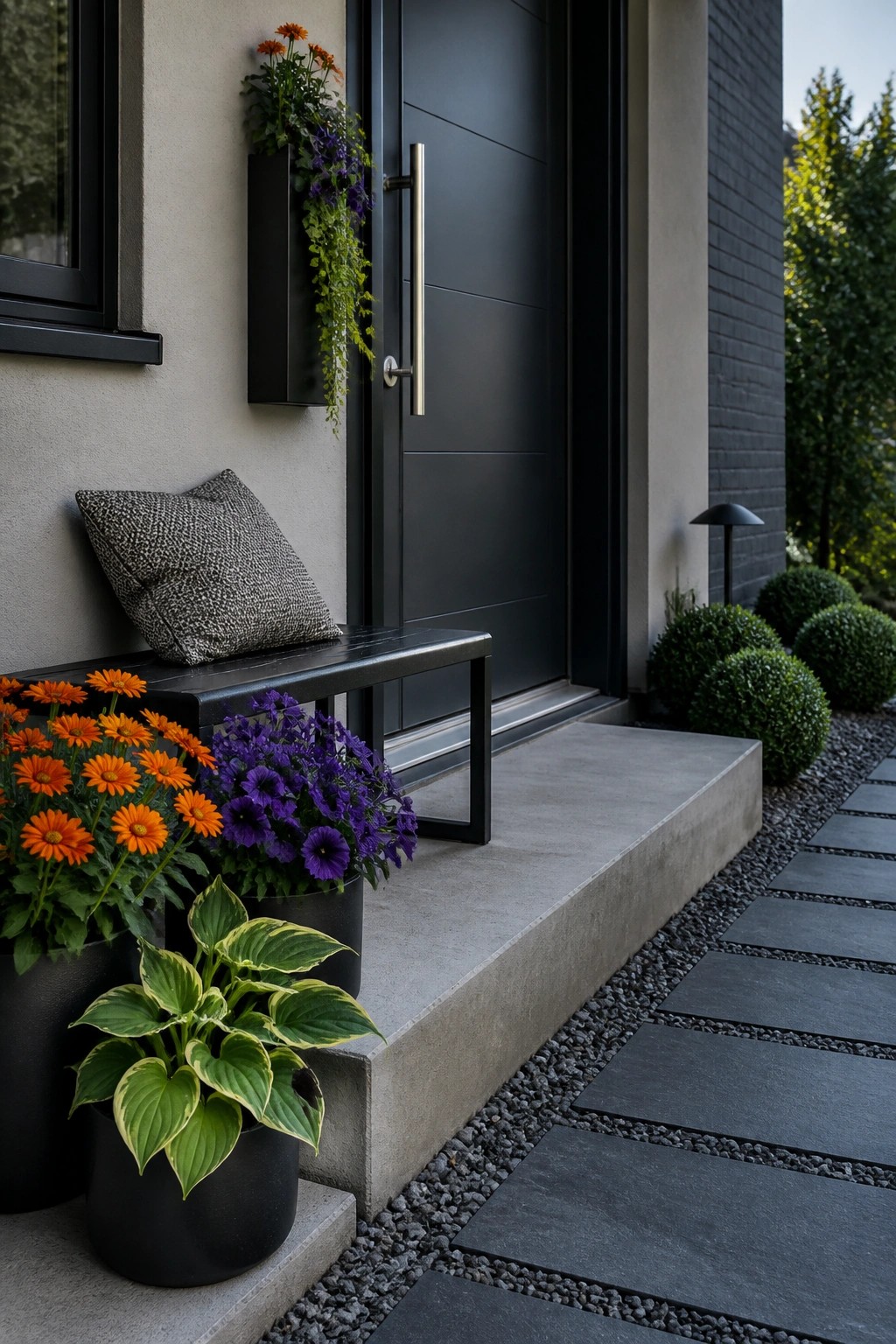 Modern home entry with a black door, concrete steps lined with black pots of orange and purple flowers, a bench with a patterned pillow, and a stone paver path.