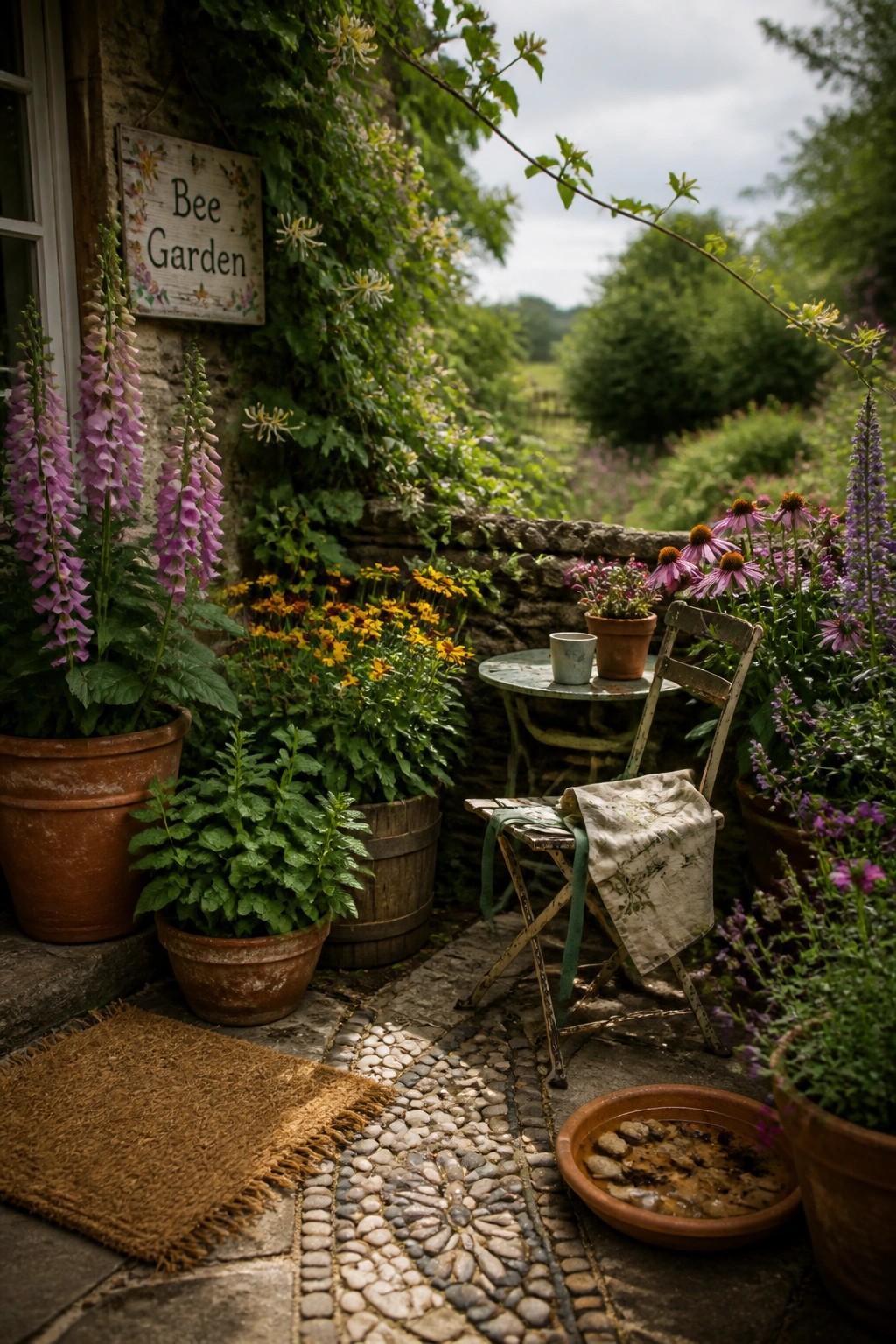 A garden path made of pebbles and stone is lined with colorful flowers in terracotta pots and wooden barrels beside a stone wall and door.