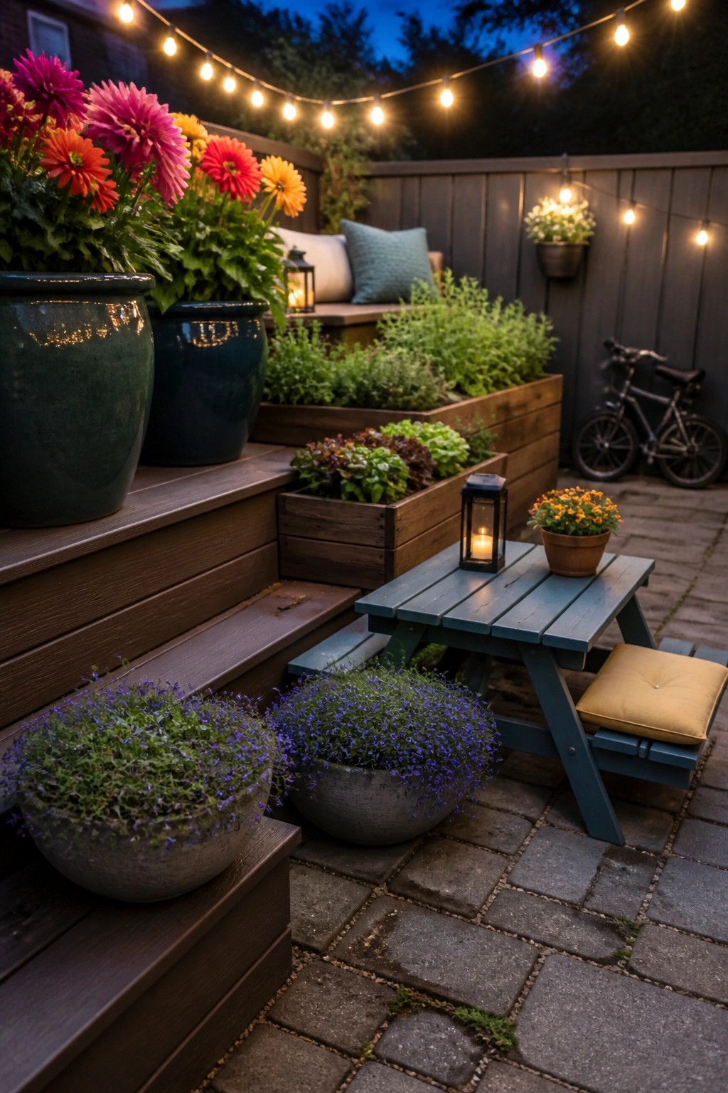 A patio at dusk with wooden steps holding large green ceramic pots filled with colorful flowers, a blue picnic table, raised wooden planters, and string lights overhead.
