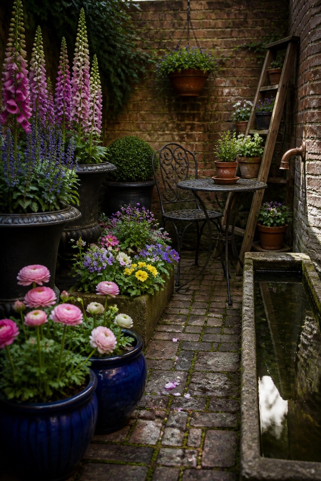 A brick pathway lined with large dark pots holding tall purple and pink flowers, smaller blue and terracotta pots with lower blooms, a metal table and chairs, and a long stone water trough beside a brick wall.