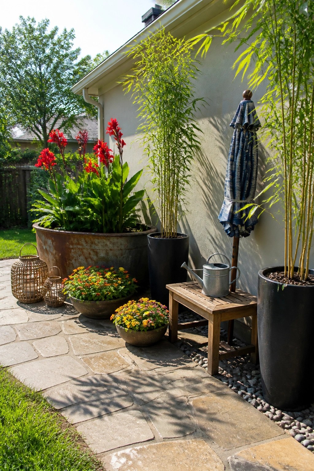 Patio with colorful potted flowers, tall bamboo plants, lanterns, and wooden bench.