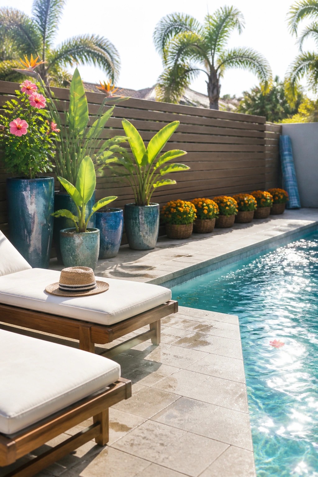 A poolside patio with wooden lounge chairs and a row of colorful ceramic and woven containers holding flowers and tropical plants along the water's edge.